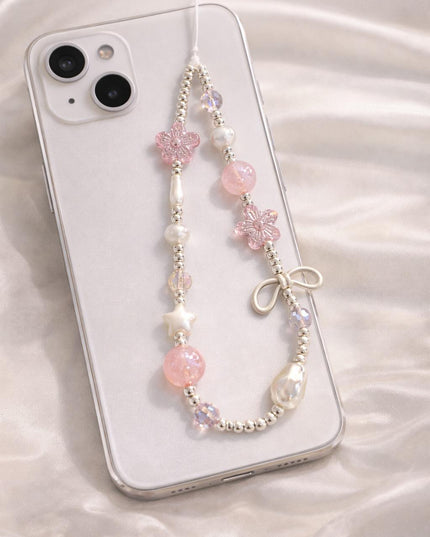 Corda Para Celular Twinkle Charms com Beads Rosa e Detalhes em Prata Acessório Romântico e Moderno