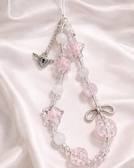 Corda Para Celular Twinkle Charms com Beads Rosa e Detalhes em Prata Acessório Romântico e Moderno