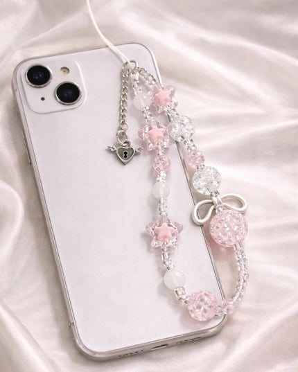 Corda Para Celular Twinkle Charms com Beads Rosa e Detalhes em Prata Acessório Romântico e Moderno