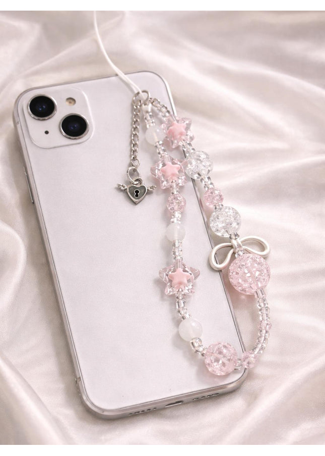 Corda Para Celular Twinkle Charms com Beads Rosa e Detalhes em Prata Acessório Romântico e Moderno
