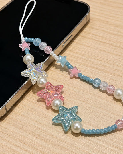 Corda Para Celular Twinkle Charms com Beads Rosa e Detalhes em Prata Acessório Romântico e Moderno