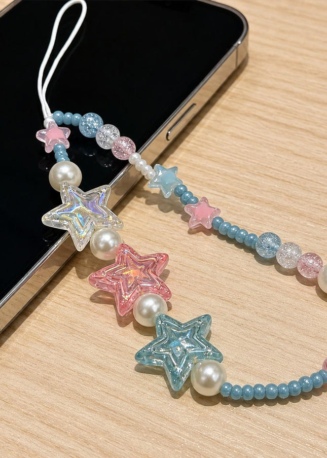 Corda Para Celular Twinkle Charms com Beads Rosa e Detalhes em Prata Acessório Romântico e Moderno
