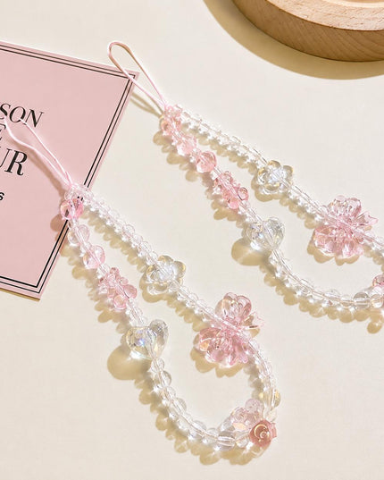 Corda Para Celular Twinkle Charms com Beads Rosa e Detalhes em Prata Acessório Romântico e Moderno