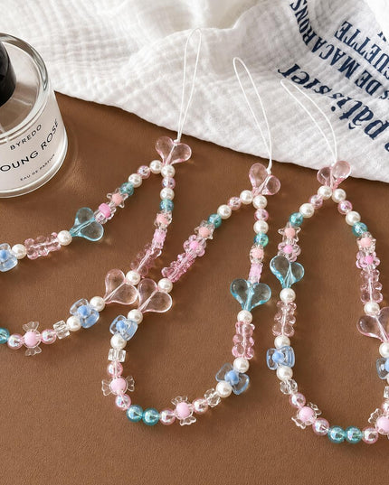 Corda Para Celular Twinkle Charms com Beads Rosa e Detalhes em Prata Acessório Romântico e Moderno